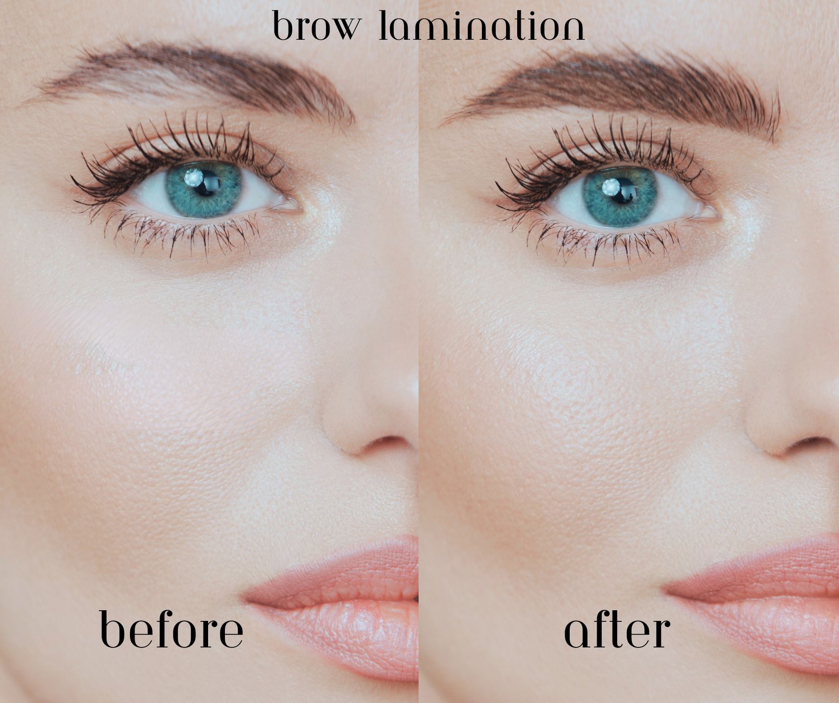 Before and after brow lamination.